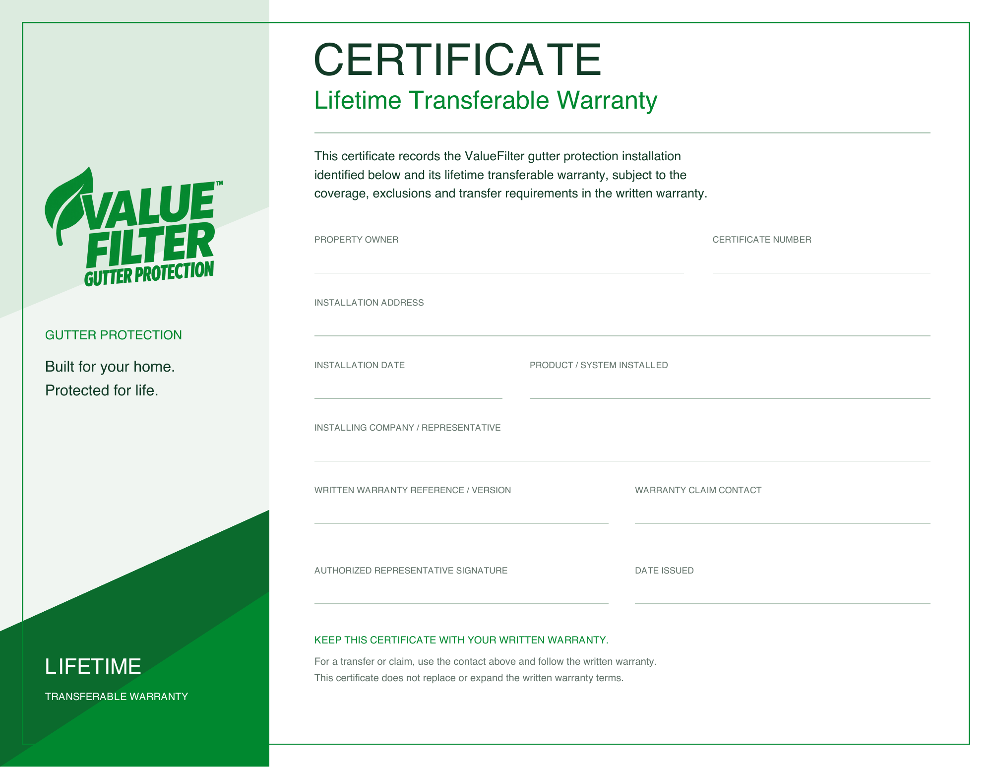 Blank ValueFilter lifetime transferable warranty certificate showing the property, installation and warranty information fields
