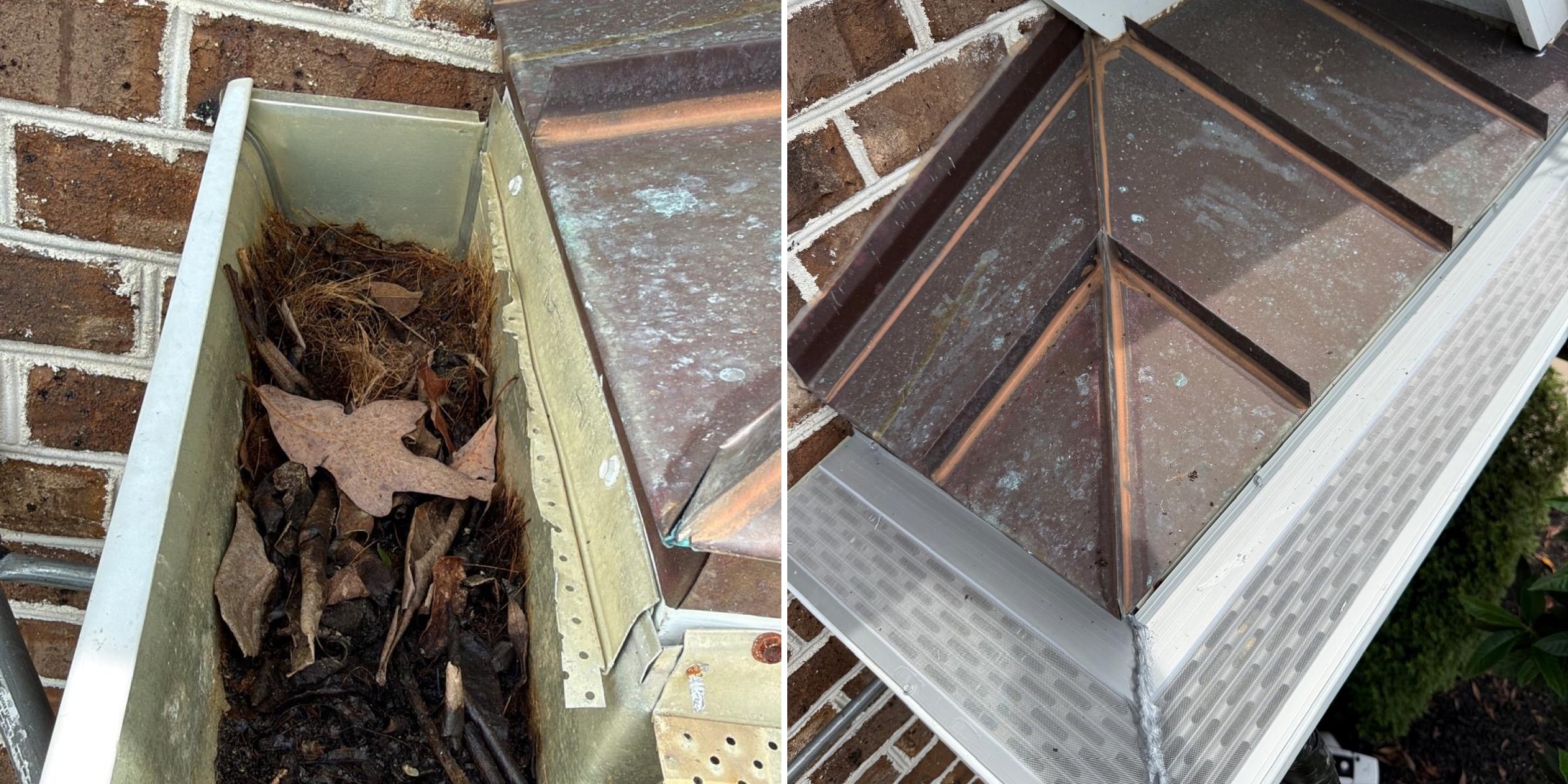 Before and after gutter protection around a brick wall and copper-roof detail.